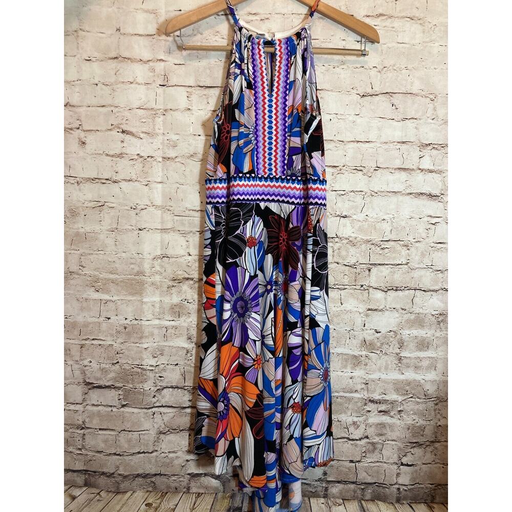 Christopher Banks Dress Womens 8 Midi Asymmetric Hem Floral Halter Stretch Flowy